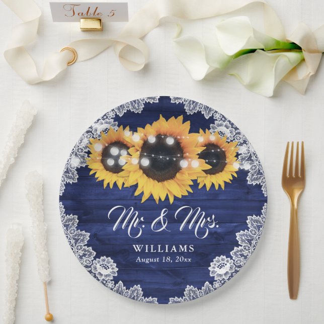 Navy Blue Rustic Wood Lace Sunflower Wedding Paper Plate (Wedding)