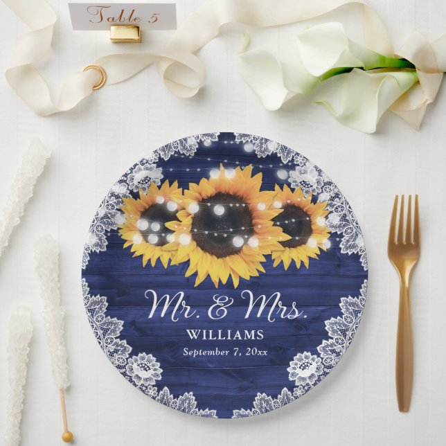 Navy Blue Rustic Wood Lace Sunflower Wedding Paper Plate (Wedding)