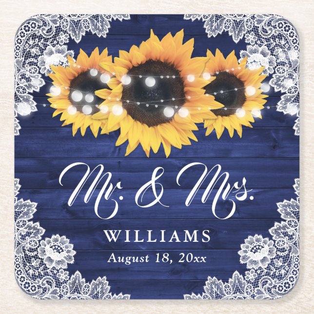Navy Blue Rustic Wood Lace Sunflower Wedding Square Paper Coaster (Front)