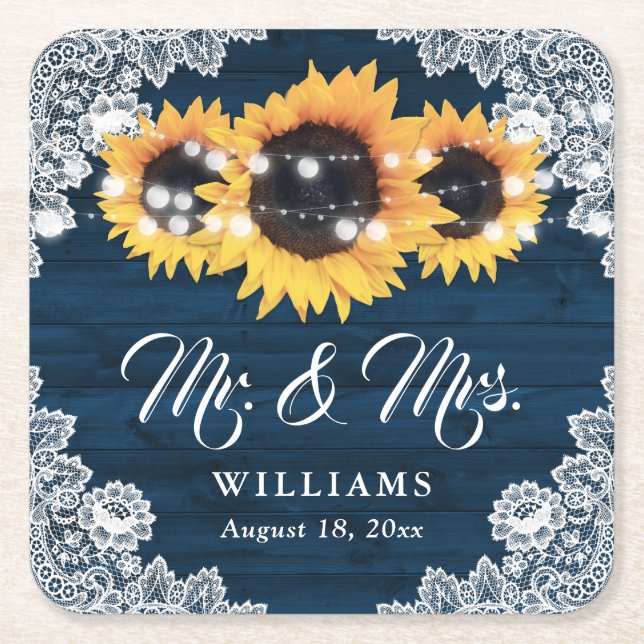 Navy Blue Rustic Wood Lace Sunflower Wedding Square Paper Coaster (Front)