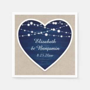 Navy Blue Rustic Wood String Lights Burlap Wedding Napkin