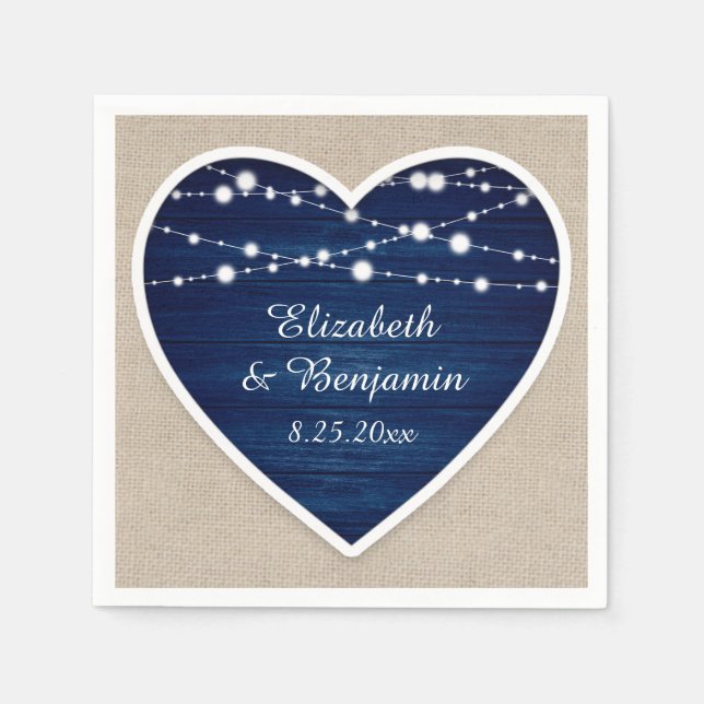 Navy Blue Rustic Wood String Lights Burlap Wedding Napkin (Front)