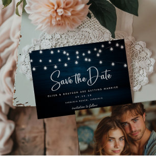 Navy Blue Rustic Wood String Lights Photo Save The Date
