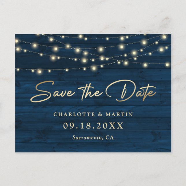 Navy Blue Rustic Wood String Lights Save The Date Announcement Postcard (Front)