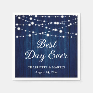 Navy Blue Rustic Wood String Lights Wedding Napkin