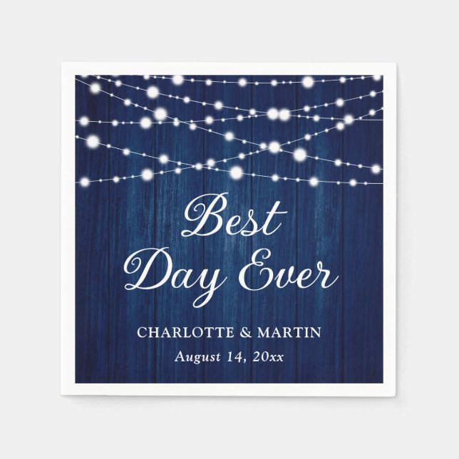 Navy Blue Rustic Wood String Lights Wedding Napkin (Front)