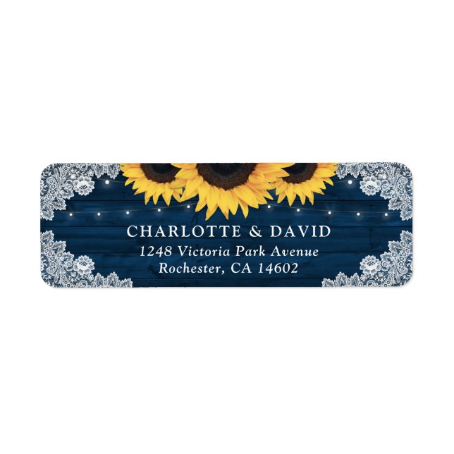Navy Blue Rustic Wood Sunflower Return Address (Front)