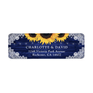 Navy Blue Rustic Wood Sunflower Return Address