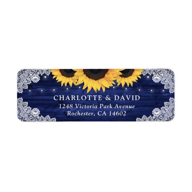 Navy Blue Rustic Wood Sunflower Return Address (Front)