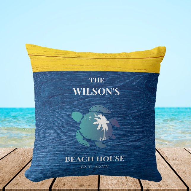 Navy Blue Rustic Wood Turtle Family Beach House Throw Pillow (Creator Uploaded)