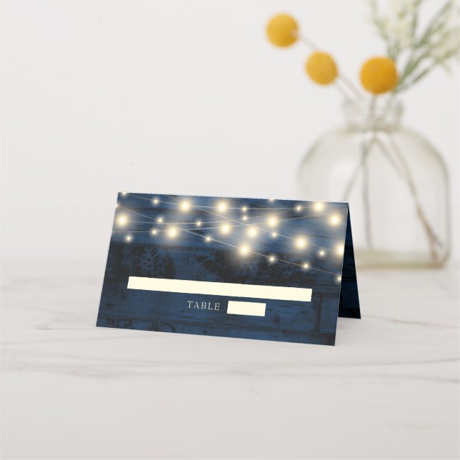 Navy Blue Rustic Wood Watercolor Wedding Place Card (Front)