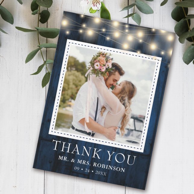 Navy Blue Rustic Wood Wedding Photo Thank You Card (Creator Uploaded)