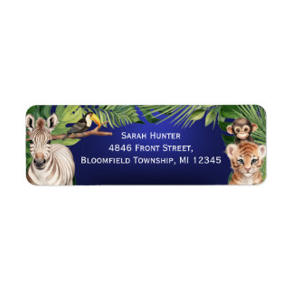Navy Blue Safari animals 1st birthday return addre