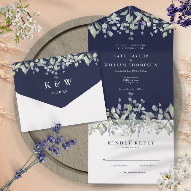 Navy Blue Sage And Lilac Floral Monogram Wedding All In One Invitation (Creator Uploaded)
