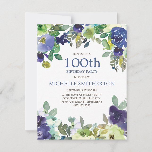 Navy Blue Sage Green Floral 100th Birthday Party Card (Front)