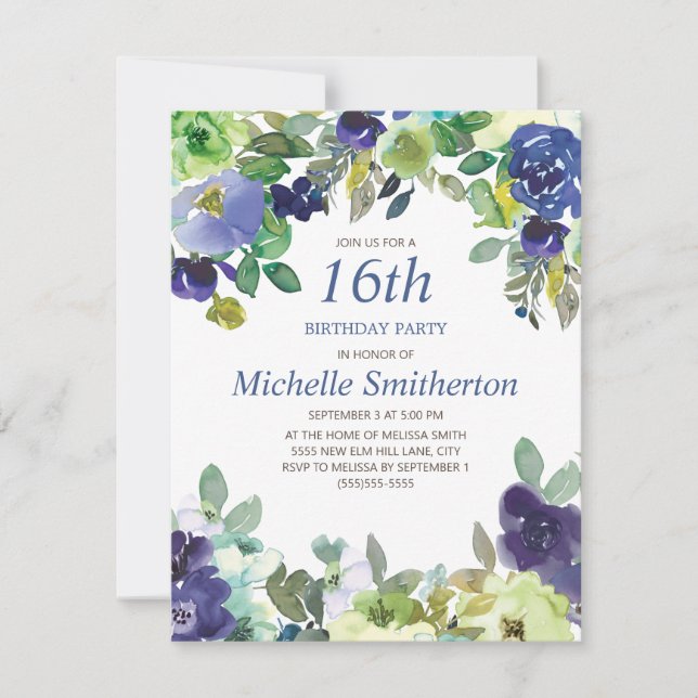 Navy Blue Sage Green Floral 16th Birthday Party Card (Front)