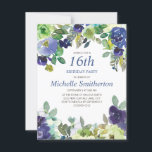 Navy Blue Sage Green Floral 16th Birthday Party Card<br><div class="desc">16th birthday party invitation with pretty navy blue and sage green watercolor flowers.  You can customize the text on this card for a birthday party for any age you are celebrating.</div>
