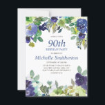 Navy Blue Sage Green Floral 90th Birthday Party Card<br><div class="desc">90th birthday party invitation with pretty navy blue and sage green watercolor flowers.  You can customize the text on this card for a birthday party for any age you are celebrating.</div>