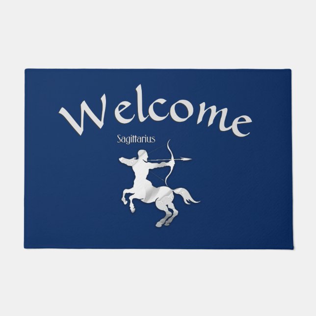 Navy Blue Sagittarius Zodiac Welcome Mat (Front)