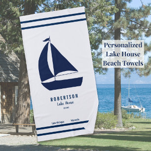 Navy Blue Sailboat Family Name Nautical Beach Towel