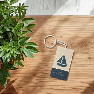 navy blue sailboat with Name and Coordinates Keychain