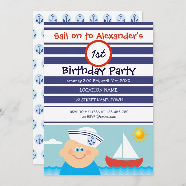 Navy Blue Sailor Boy and Sailboat First Birthday Invitation (Front/Back)