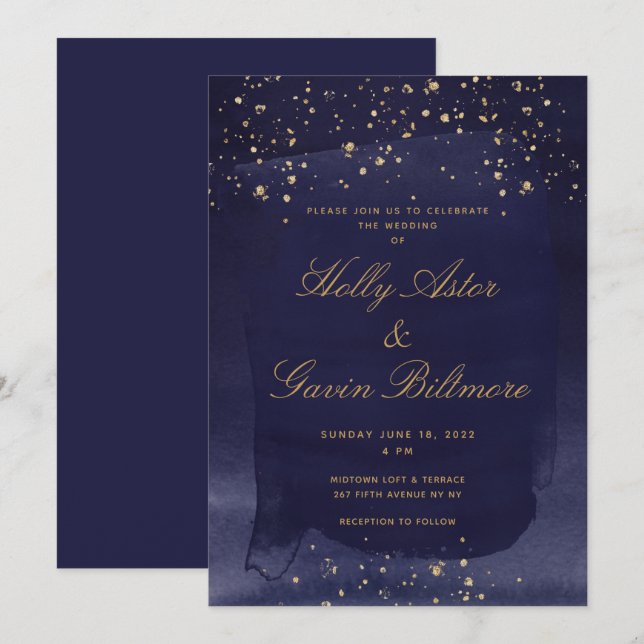 Navy Blue Sapphire & Gold Wedding Invitation (Front/Back)