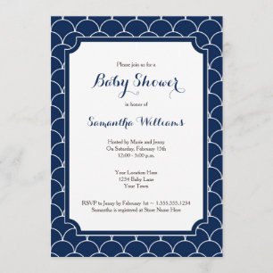 Navy Blue Scallop Pattern Baby Shower Invitation