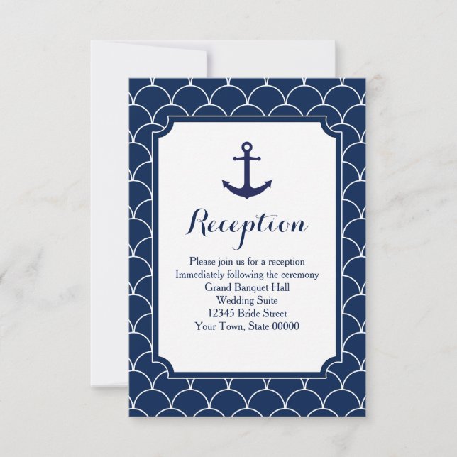 Navy Blue Scallop Pattern Nautical Reception Info Invitation (Front)