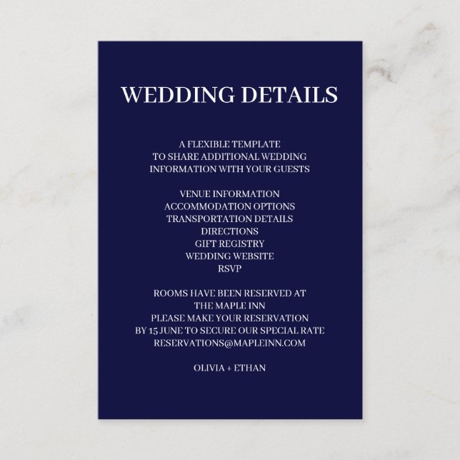 Navy Blue Scandinavian Minimal Wedding Design Enclosure Card (Front)