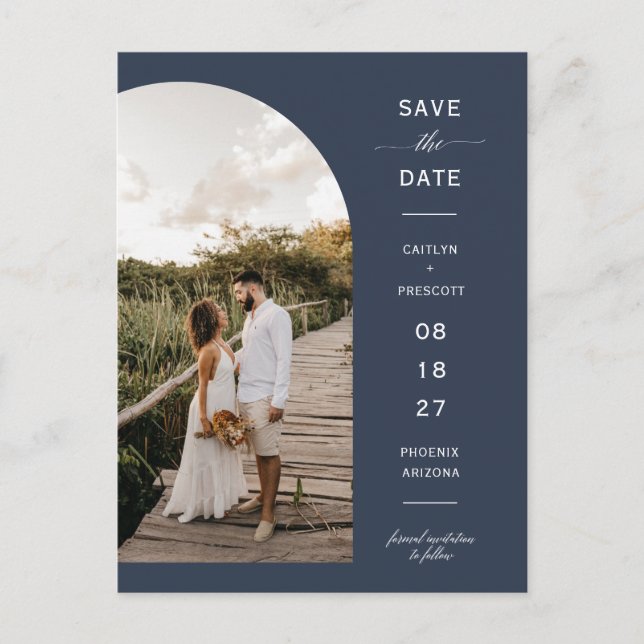 Navy Blue Script Arch Photo QR Code Save the Date Postcard (Front)