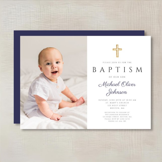 Navy Blue Script Cross Boy Photo Baptism Invitation (Navy Blue Script Cross Boy Photo Baptism Invitation)