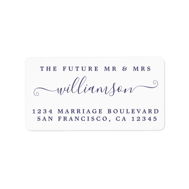 Navy Blue Script Future Mr Mrs Return Address Label (Front)