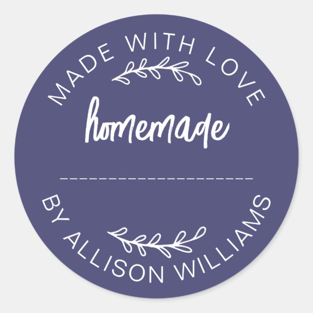 Navy Blue Script Made With Love Homemade Food Jar Classic Round Sticker (Front)