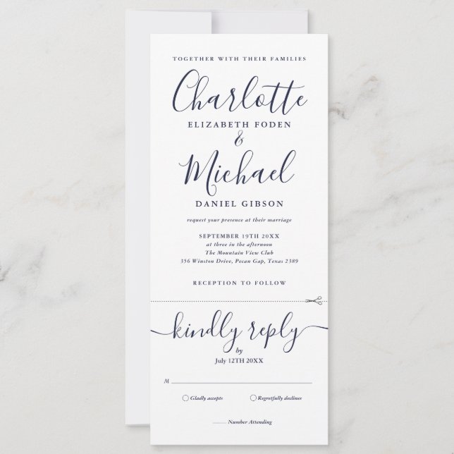 Navy Blue Script Minimalist All In One Wedding Invitation (Front)