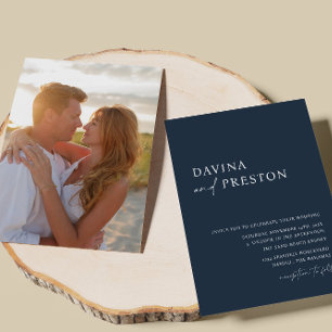 Navy Blue Script Modern Simple Photo Wedding Invitation