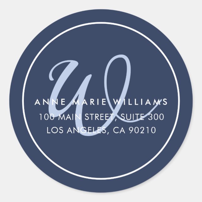 Navy Blue Script Monogram Return Address Classic Round Sticker (Front)
