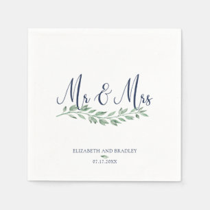 Navy Blue Script Mr and Mrs   Greenery Wedding Napkin