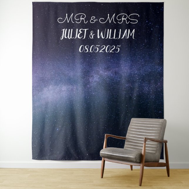 Navy Blue Script Mr & Mrs Wedding Backdrop banner Tapestry (In Situ)