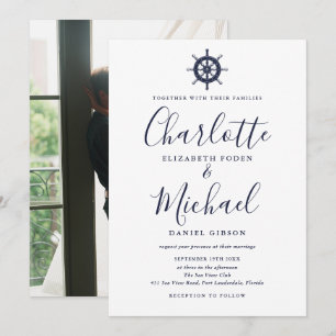 Navy Blue Script Nautical Ship Wheel Photo Wedding Invitation