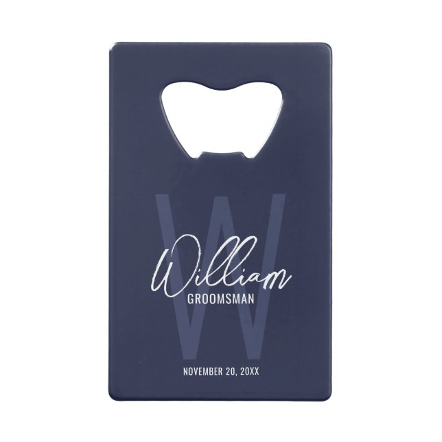 Navy Blue Script Personalized Groomsman's Name Credit Card Bottle Opener (Front)
