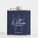 Navy Blue Script Personalized Groomsman's Name Hip Flask<br><div class="desc">Modern Minimalist Personalized Monogram and Name Gifts This design features personalized groomsman's name in white modern handwriting script font style and monogram in light navy blue modern sans serif font style as background, with wedding details in white modern sans serif font style, on navy blue background. Also perfect for best...</div>