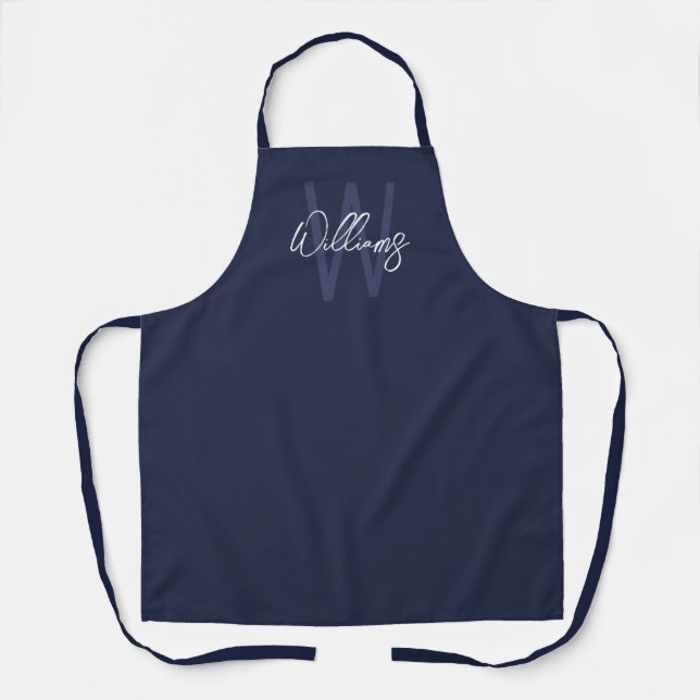 Navy Blue Script Personalized Monogram and Name Apron (Front)