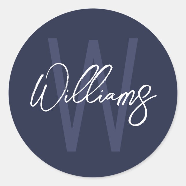 Navy Blue Script Personalized Monogram and Name Classic Round Sticker (Front)