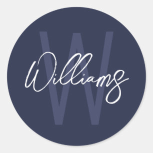 Navy Blue Script Personalized Monogram and Name Classic Round Sticker