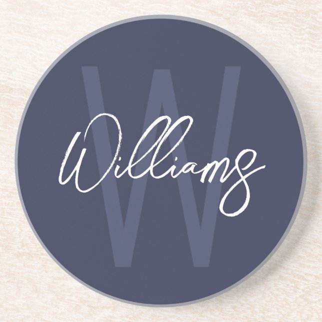 Navy Blue Script Personalized Monogram and Name Coaster (Front)