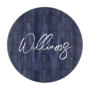Navy Blue Script Personalized Monogram and Name Cutting Board