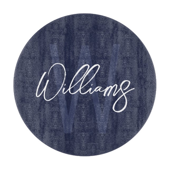 Navy Blue Script Personalized Monogram and Name Cutting Board (Front)