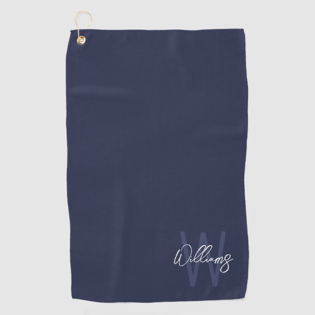 Navy Blue Script Personalized Monogram and Name Golf Towel (Front)