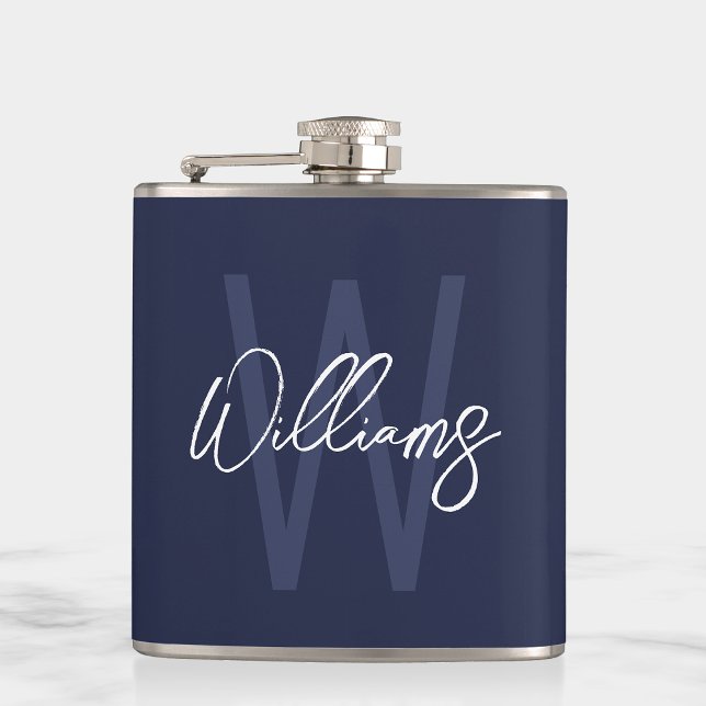 Navy Blue Script Personalized Monogram and Name Hip Flask (Creator Uploaded)